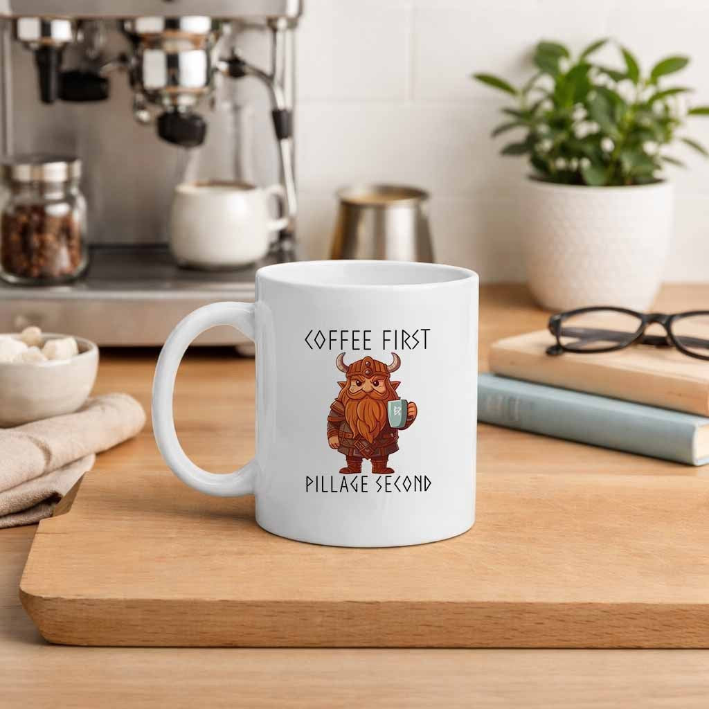 Tailorly White Ceramic 11 oz Mug - viking dwarf with coffee cup and text "your first pillage and second mug of coffee or juice with a cap"
