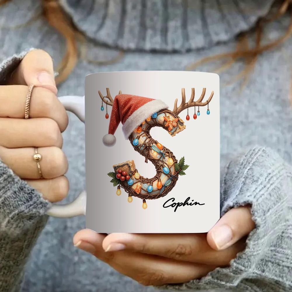Tailorly White Ceramic 11 oz Mug - christmas reindeer with santa hat and lights