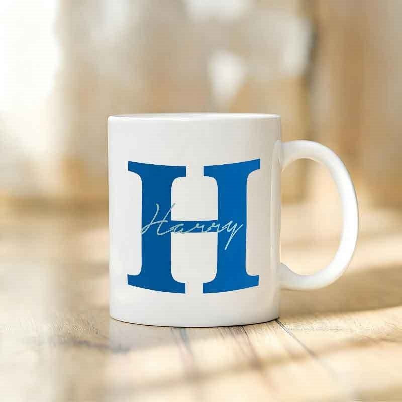 Tailorly White Ceramic 11 oz Mug - blue cursive "h" lettering
