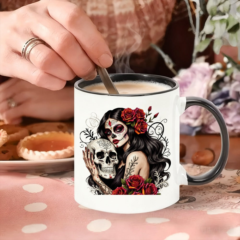 Tailorly Black Accent 11 oz Mug - skulls and roses