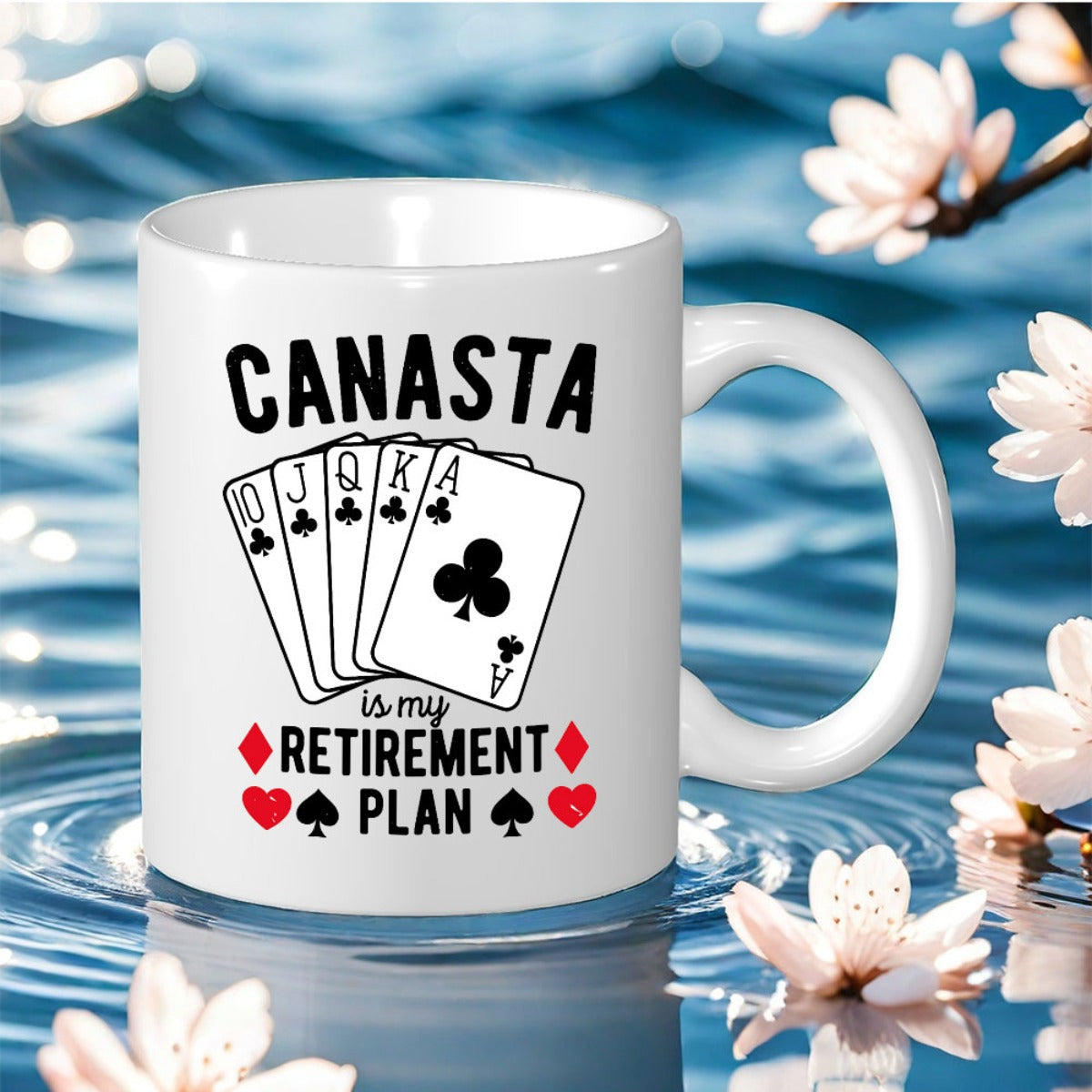 Tailorly White Ceramic 11 oz Mug - card suits and humorous retirement plan text