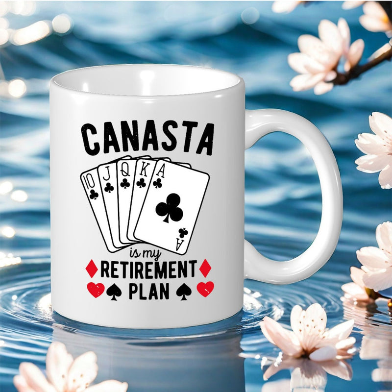 Tailorly White Ceramic 11 oz Mug - card suits and humorous retirement plan text