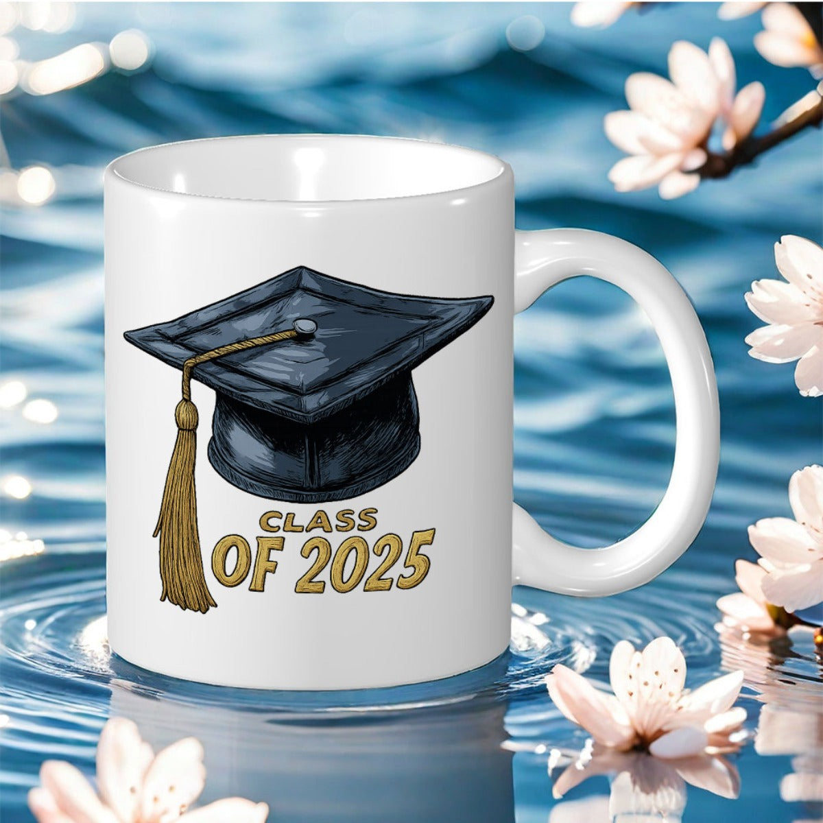 Tailorly White Ceramic 11 oz Mug - blue and golden tassel design birthdays christmas thanksgiving holidays and hallowe