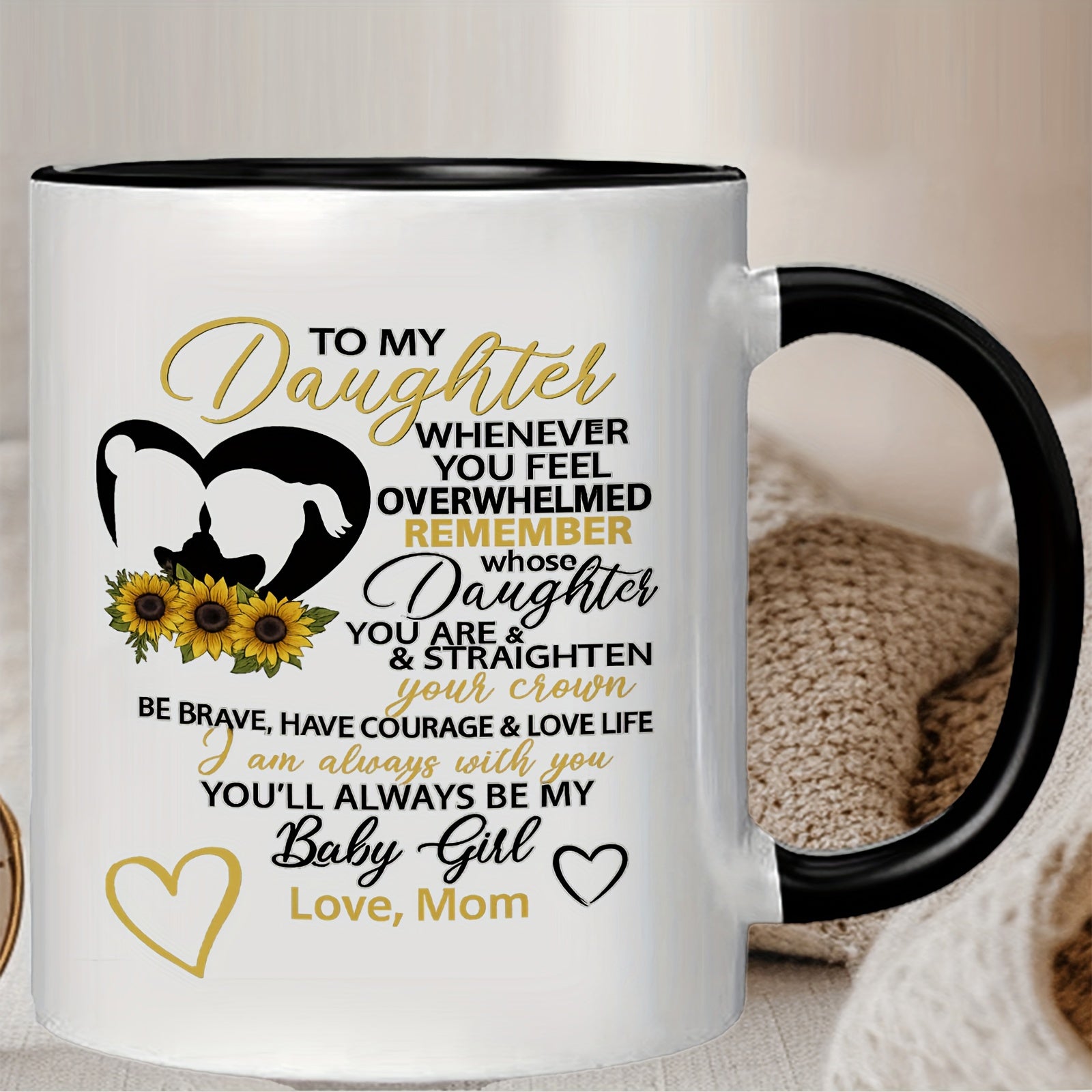 Tailorly Black Accent 11 oz Mug - to my daughter message golden lettering daughter silhouette