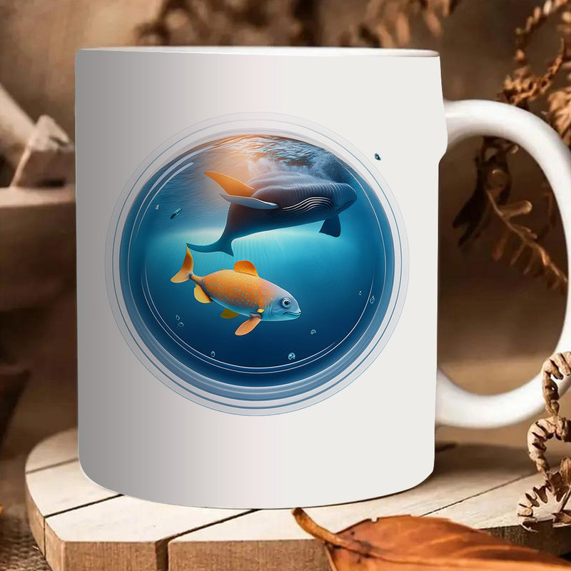 Tailorly White Ceramic 11 oz Mug - a single coffee mug featuring an with whales and fish daily use at home or this large capacity drinkware a