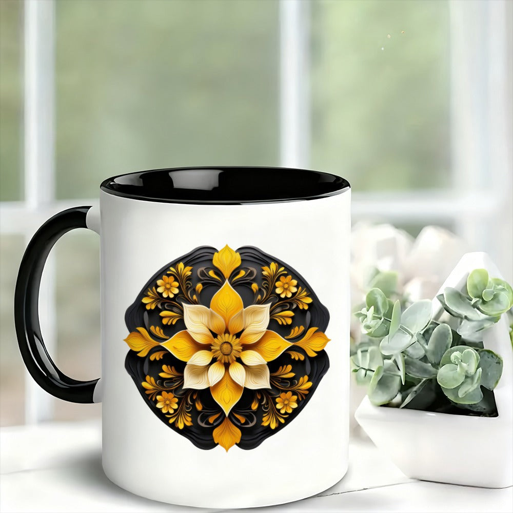 Tailorly Black Accent 11 oz Mug - elegant golden design against a detailed black backdrop
