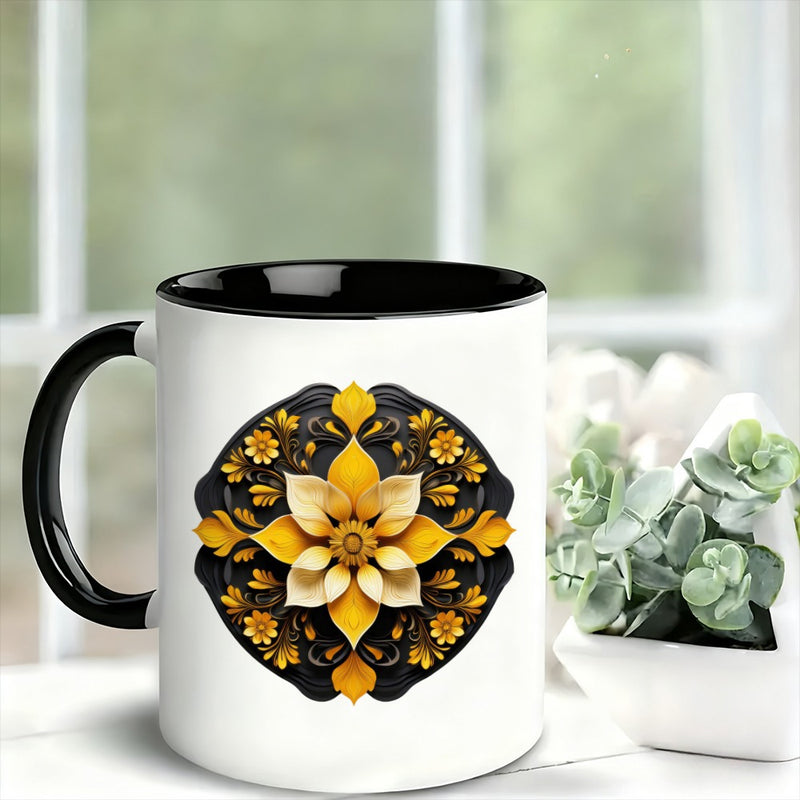 Tailorly Black Accent 11 oz Mug - elegant golden design against a detailed black backdrop
