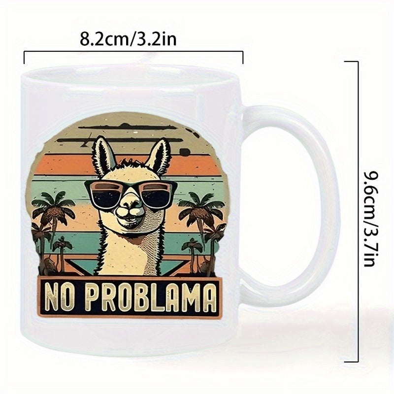 Tailorly White Ceramic 11 oz Mug - funny llama with glasses and palm leaves