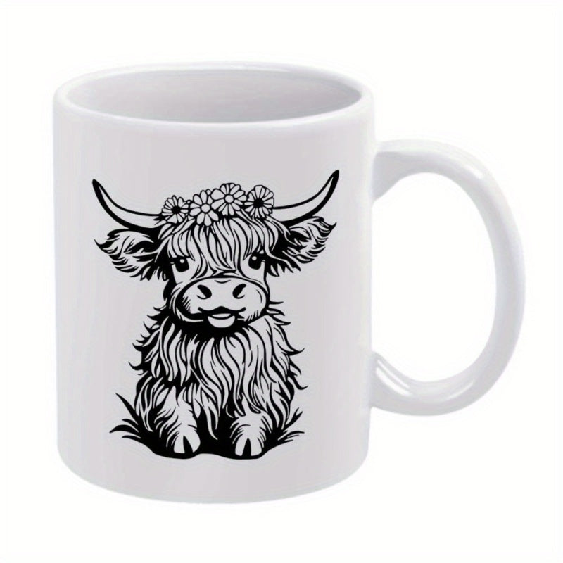 Tailorly White Ceramic 11 oz Mug - cow flowers horns