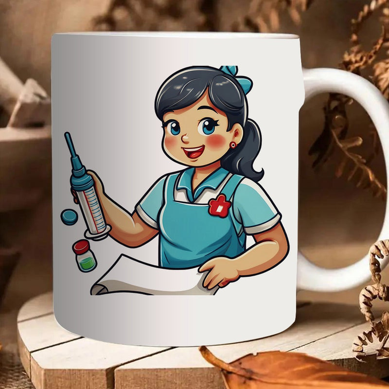 Tailorly White Ceramic 11 oz Mug - cute nurse cartoon