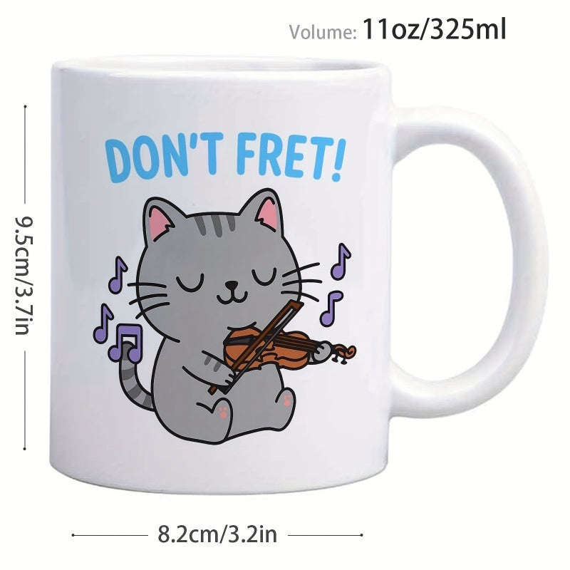 Tailorly White Ceramic 11 oz Mug - dont fret cat playing violin