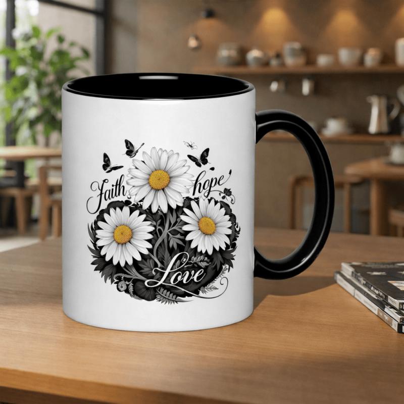 Tailorly Black Accent 11 oz Mug - faith love daisies butterflies