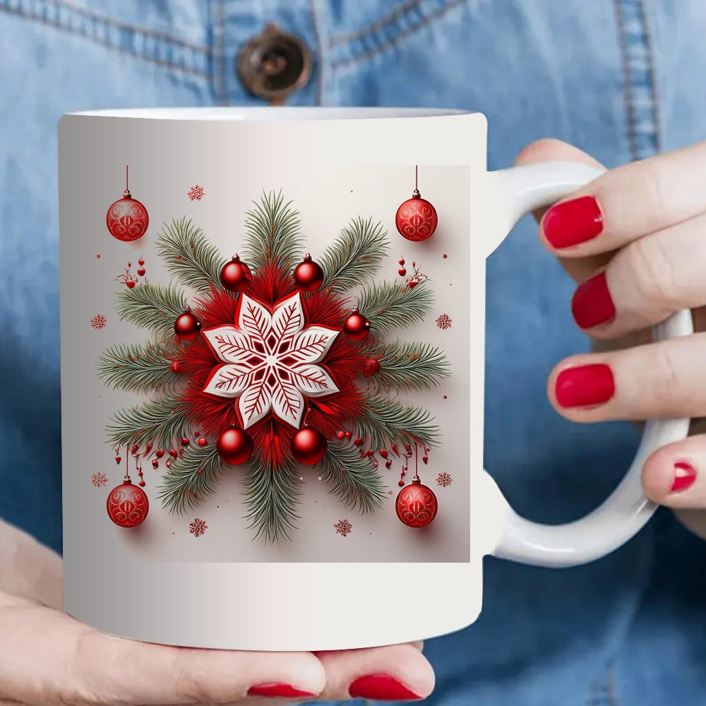 Tailorly White Ceramic 11 oz Mug - snowflake with red ornaments and pine branches