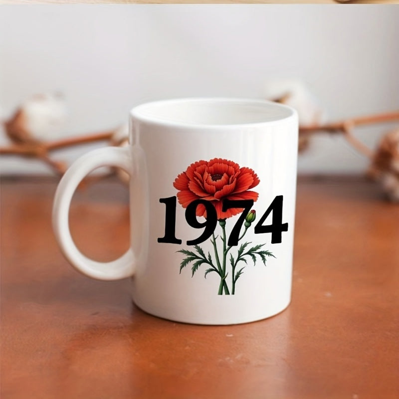 Tailorly White Ceramic 11 oz Mug - water cup flower red 1974