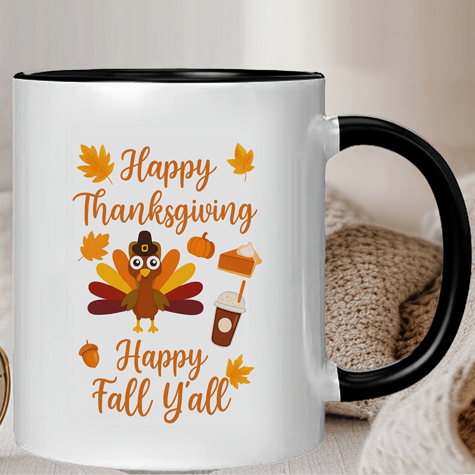 Tailorly Black Accent 11 oz Mug - turkey with pumpkin， happy thanksgiving text