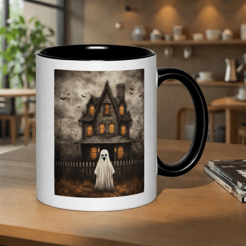Tailorly Black Accent 11 oz Mug - spooky friendly ghost and bats