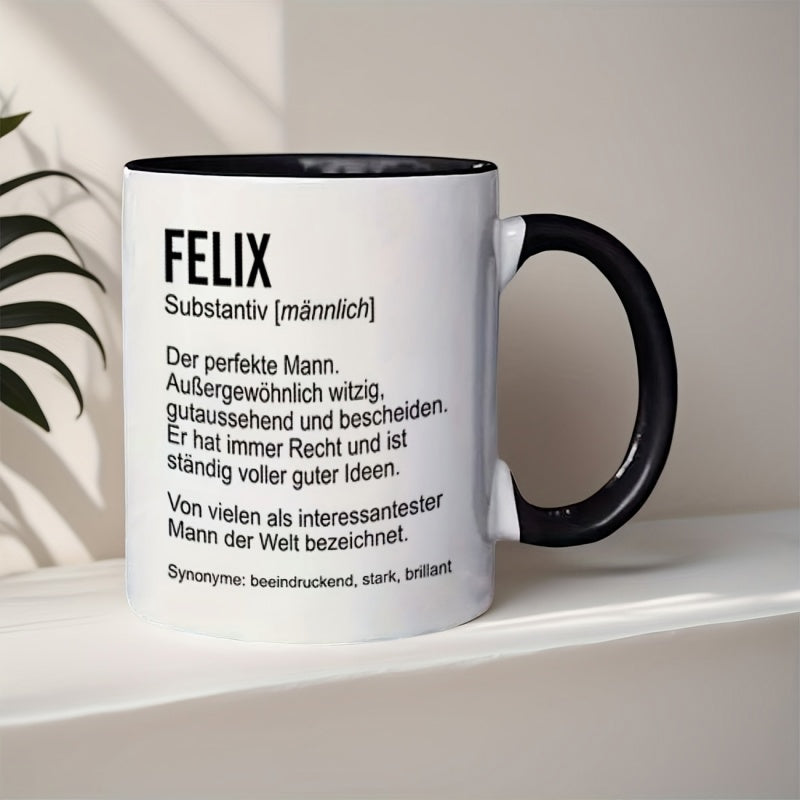 Tailorly Black Accent 11 oz Mug - felix man coffee cup Christmas New Year holiday design