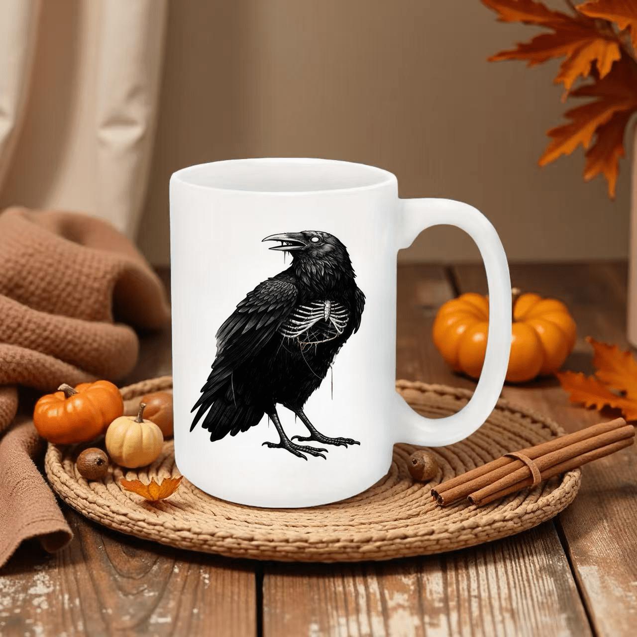 Tailorly White Ceramic 11 oz Mug - halloween themed crow