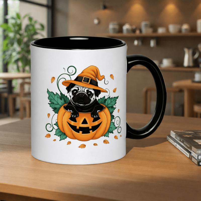 Tailorly Black Accent 11 oz Mug - cute pug wearing witch hat with pumpkin and Halloween spooky elements