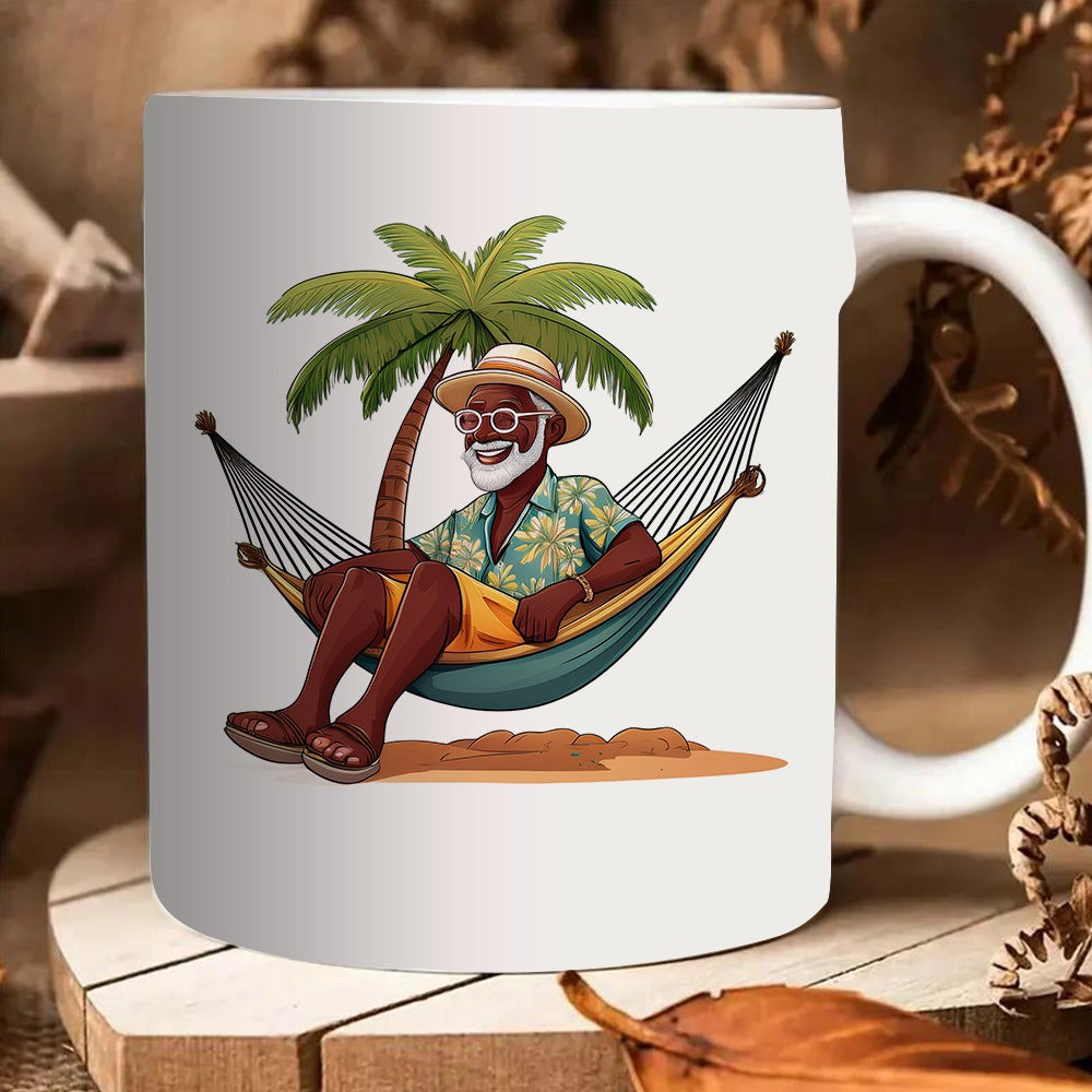 Tailorly White Ceramic 11 oz Mug - beach scene with a man lounging in a hammock under a palm tree