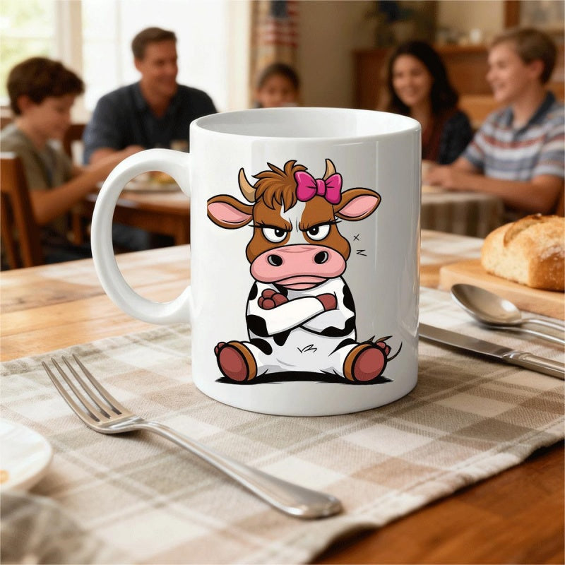 Tailorly White Ceramic 11 oz Mug - a cute cow with a bow