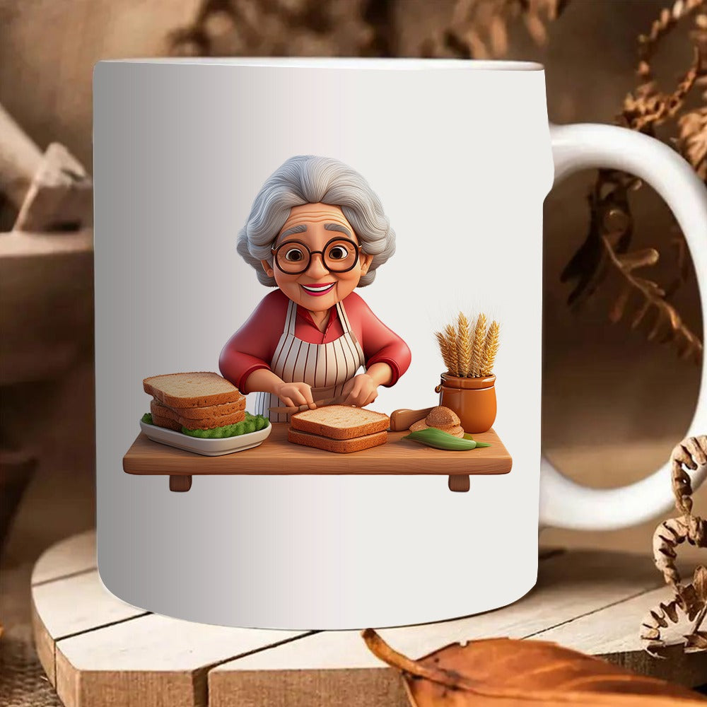 Tailorly White Ceramic 11 oz Mug - cartoon design of a making sandwiches