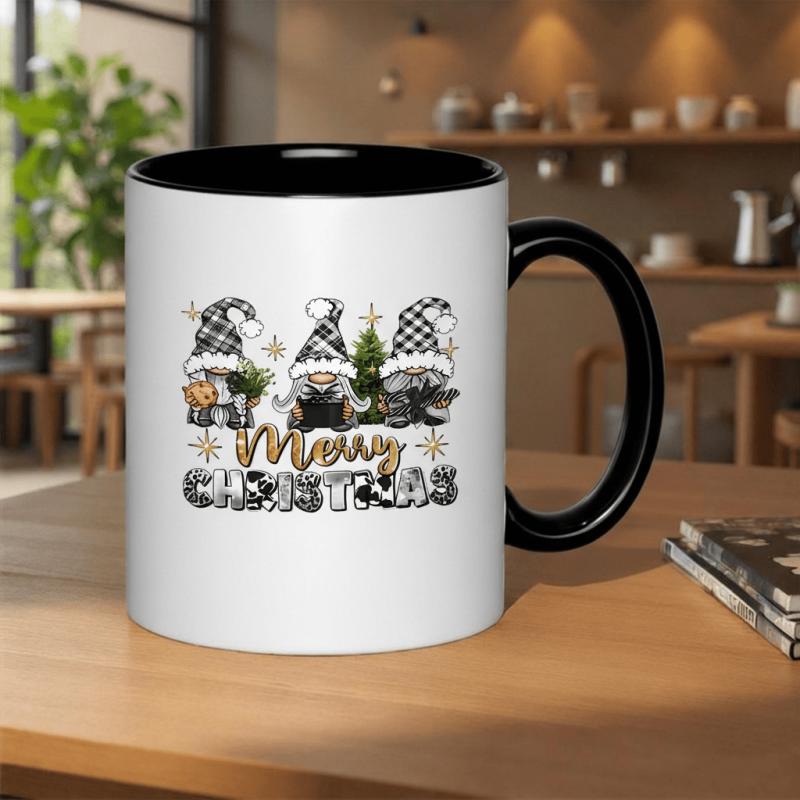 Tailorly Black Accent 11 oz Mug - a festive design featuring gnomes gifts and trees