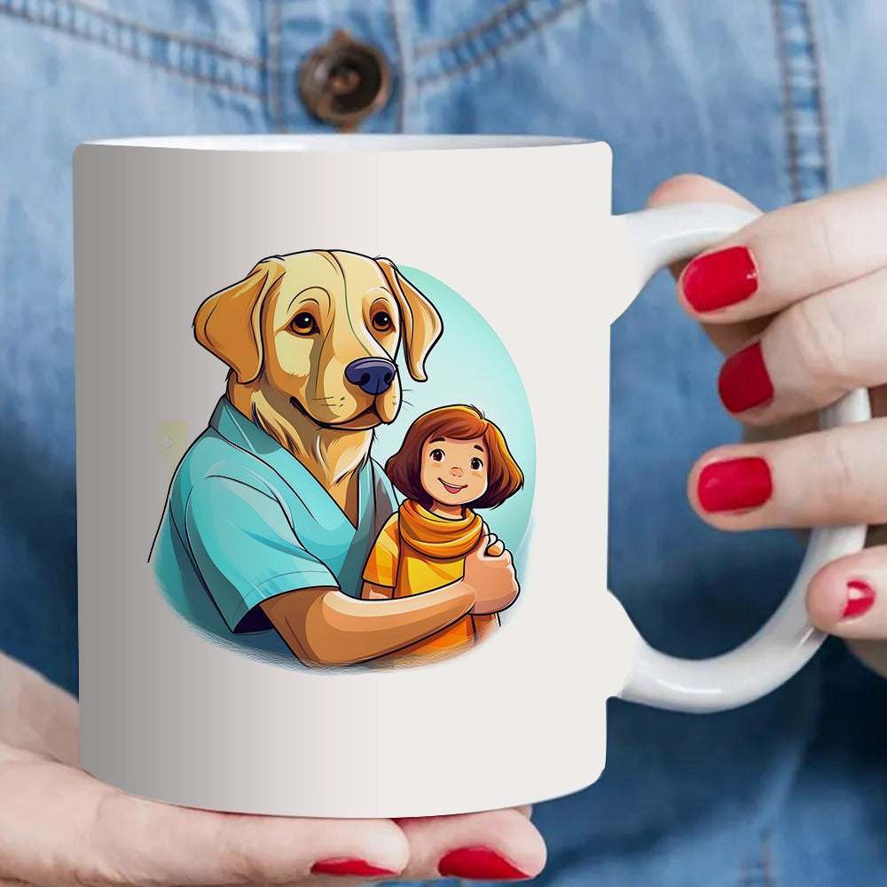Tailorly White Ceramic 11 oz Mug - a single coffee mug featuring a in blue scrubs a girl orange sweater all against a gentle pastel backdrop