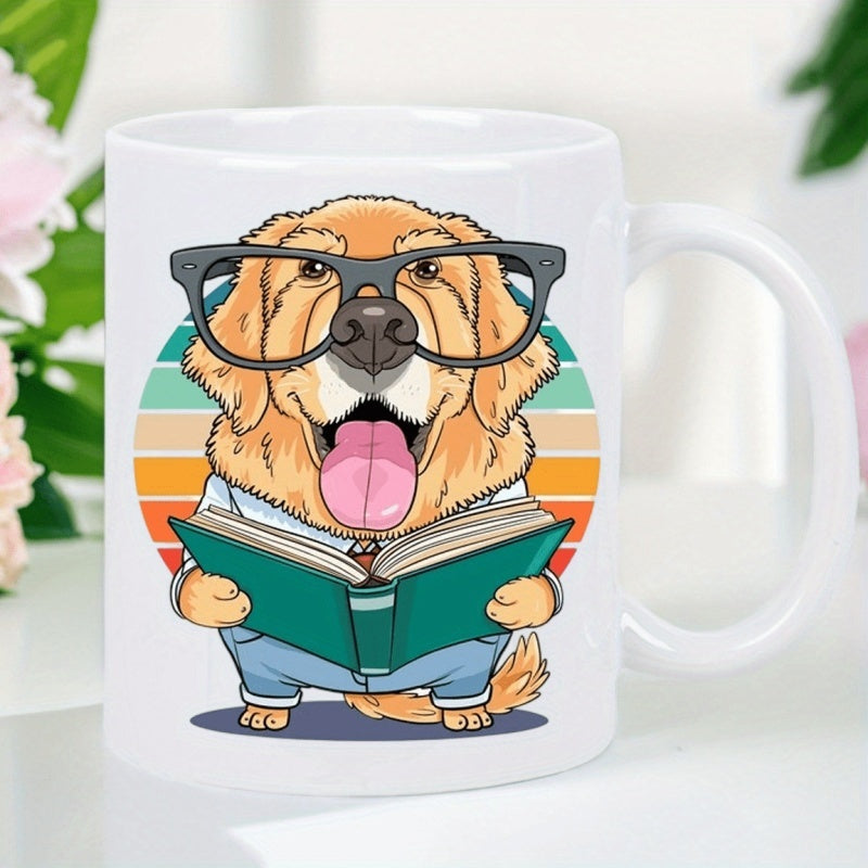 Tailorly White Ceramic 11 oz Mug - golden retriever reading book