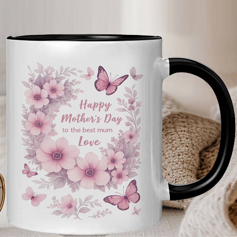 Tailorly Black Accent 11 oz Mug - floral and butterflies with "happy mothers day" text