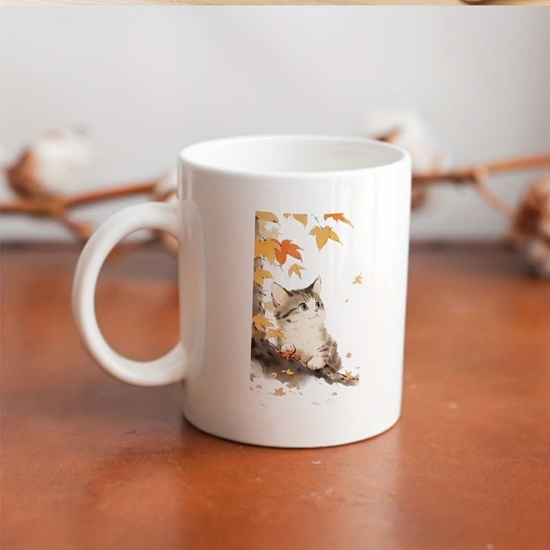 Tailorly White Ceramic 11 oz Mug - kitten peeking through falling leaves