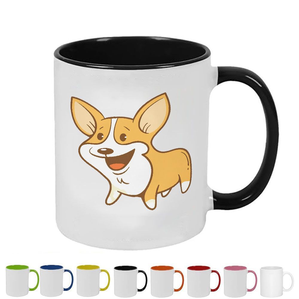 Tailorly Black Accent 11 oz Mug - cartoon happy corgi dog illustration