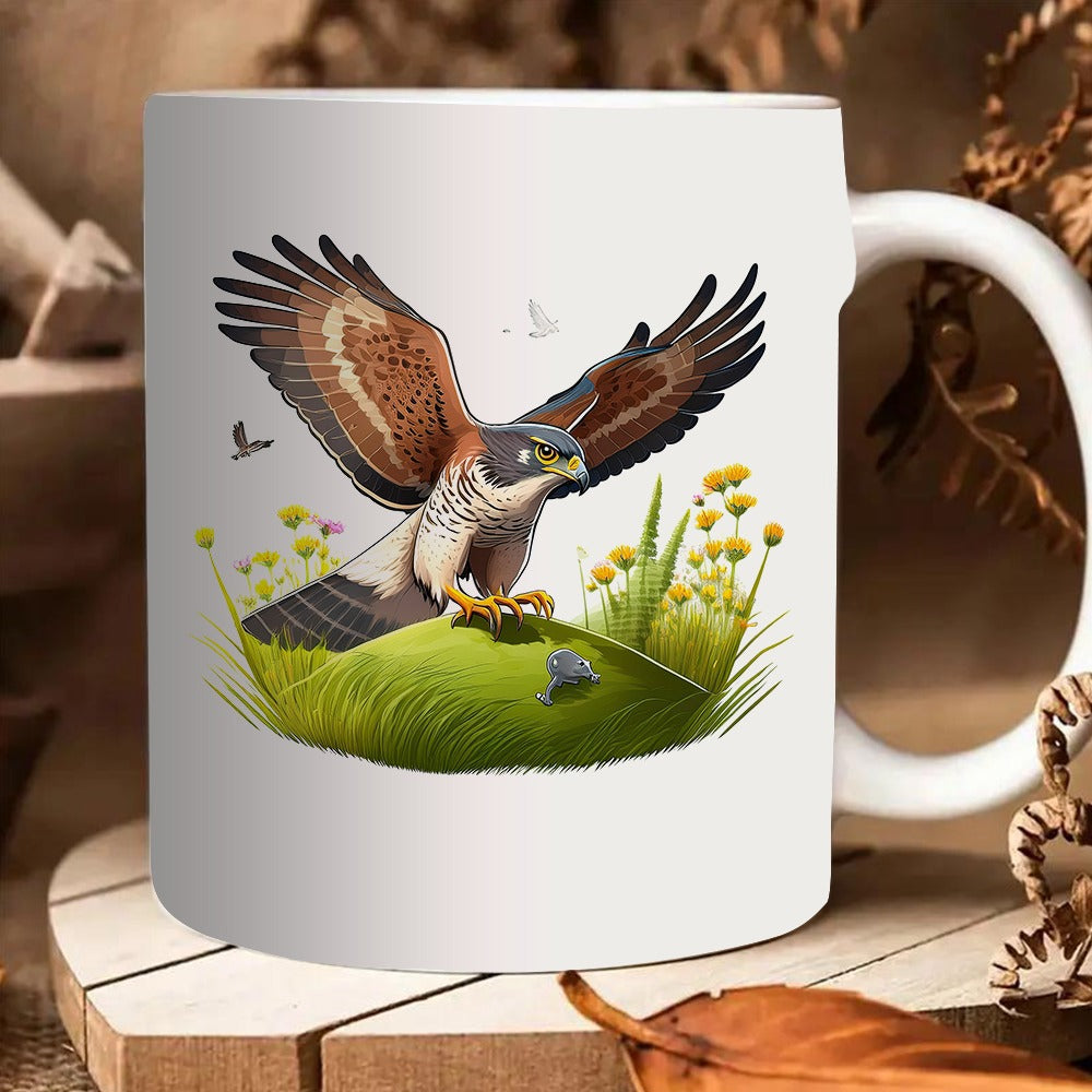 Tailorly White Ceramic 11 oz Mug - hawk flying over flowers