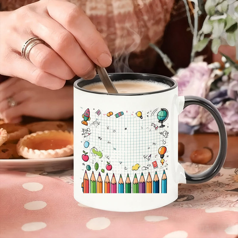 Tailorly Black Accent 11 oz Mug - colorful pencil border with school supplies and creative elements