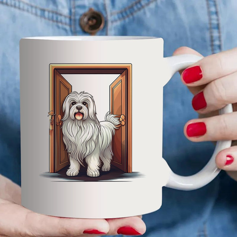 Tailorly White Ceramic 11 oz Mug - adorable shih tzu standing in a doorway