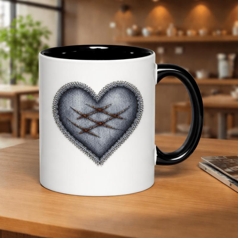Tailorly Black Accent 11 oz Mug - denim with red scratches and stitches