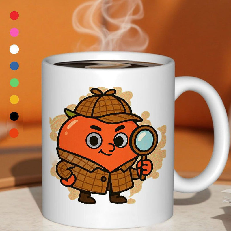 Tailorly White Ceramic 11 oz Mug - cute detective peach character cartoon illustration