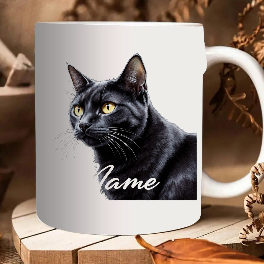 Tailorly White Ceramic 11 oz Mug - black cat with coffee mug