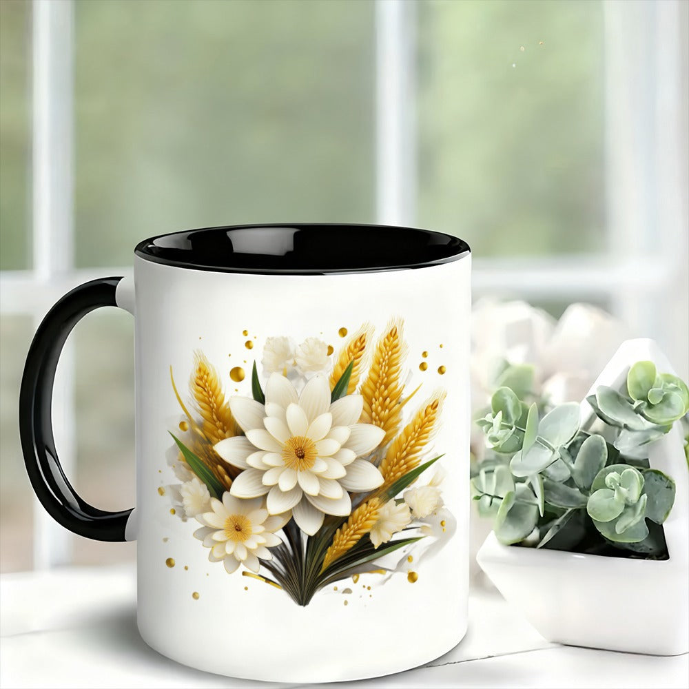 Tailorly Black Accent 11 oz Mug - white flower and wheat design