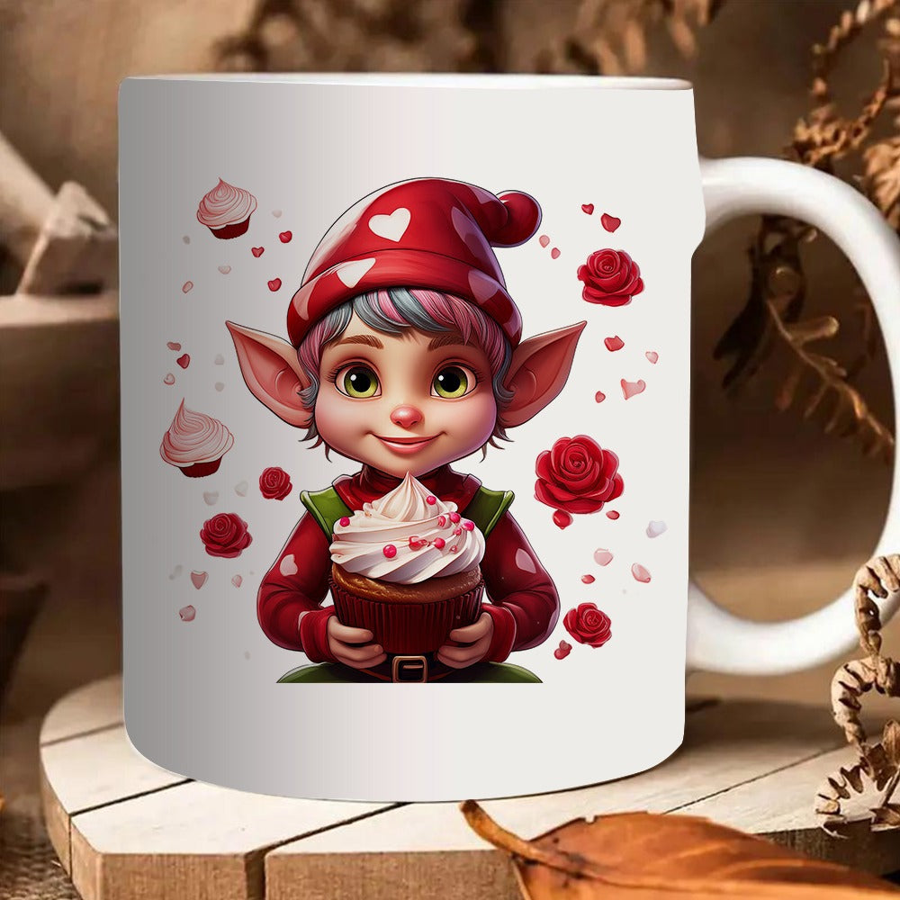 Tailorly White Ceramic 11 oz Mug - cute elf holding cupcake with roses and hearts