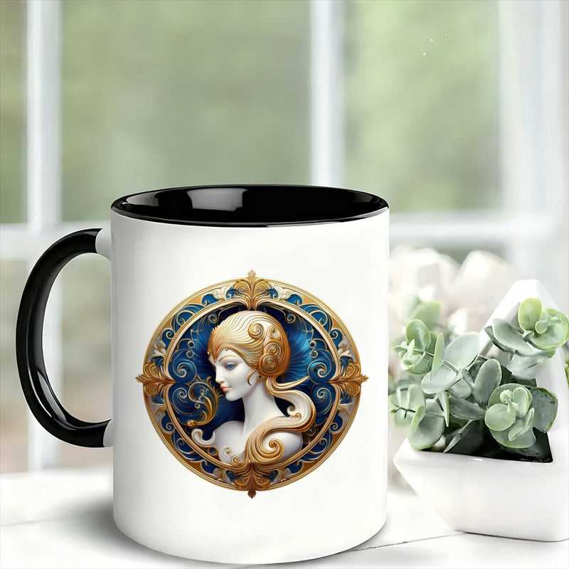 Tailorly Black Accent 11 oz Mug - golden and blue calm female portrait with detailed patterns
