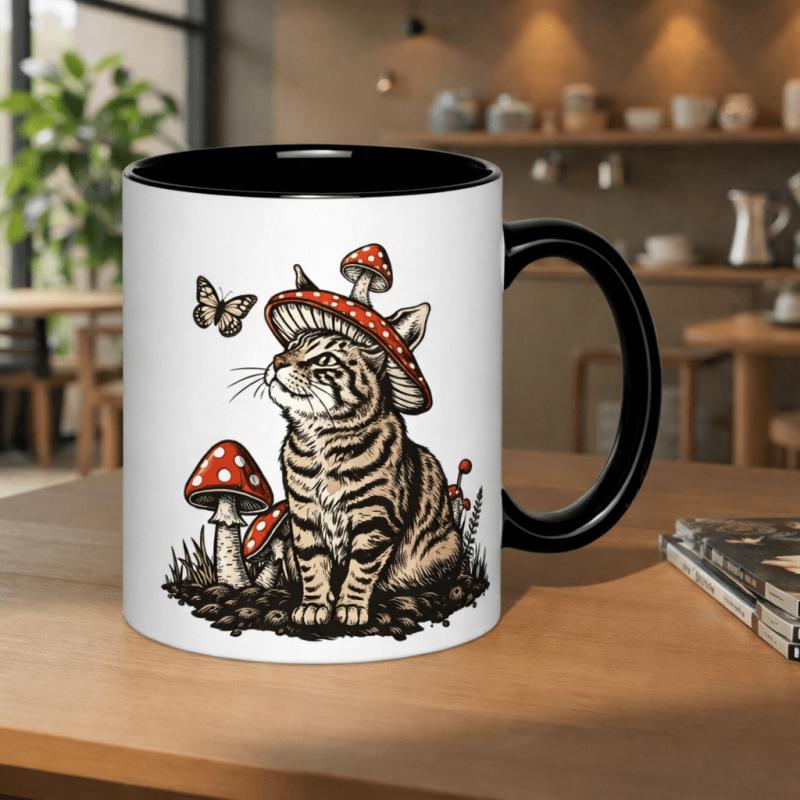 Tailorly Black Accent 11 oz Mug - mushroom hat surrounded by mushrooms and butterflies
