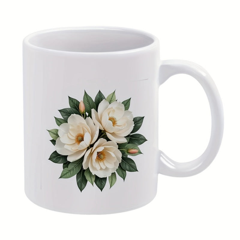 Tailorly White Ceramic 11 oz Mug - flowers and leaves