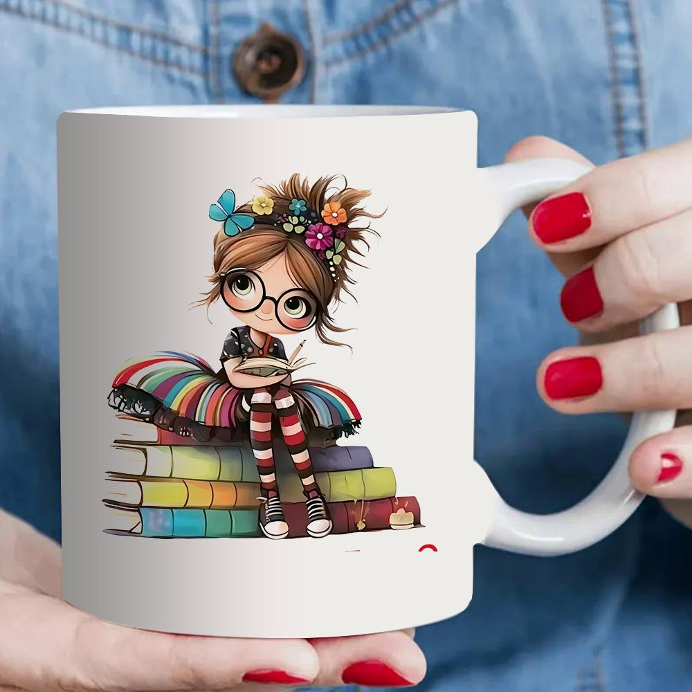Tailorly White Ceramic 11 oz Mug - cute girl reading book with rainbow skirt