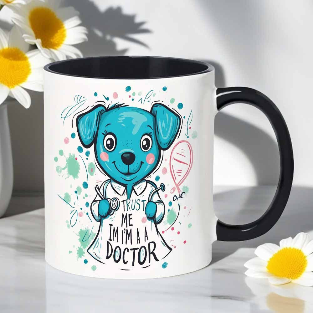 Tailorly Black Accent 11 oz Mug - blue dog design with text "me im a" vibrant cartoon illustration