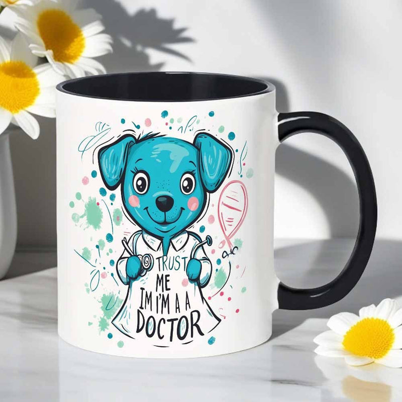 Tailorly Black Accent 11 oz Mug - blue dog design with text "me im a" vibrant cartoon illustration