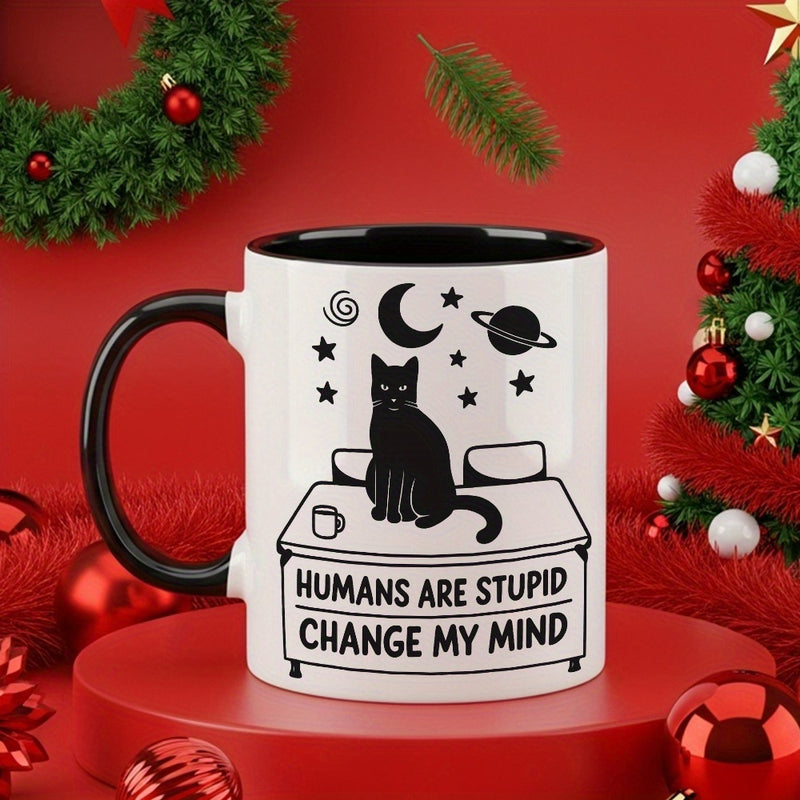 Tailorly Black Accent 11 oz Mug - black cat humans are stupid quote
