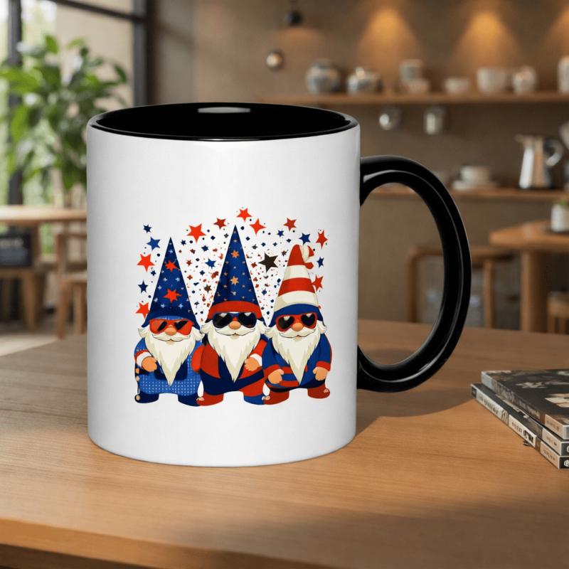 Tailorly Black Accent 11 oz Mug - three gnomes celebrating with stars and stripes