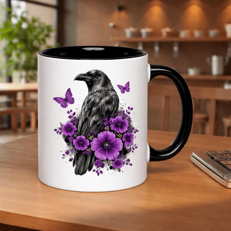 Tailorly Black Accent 11 oz Mug - resting amidst bright purple and butterflies
