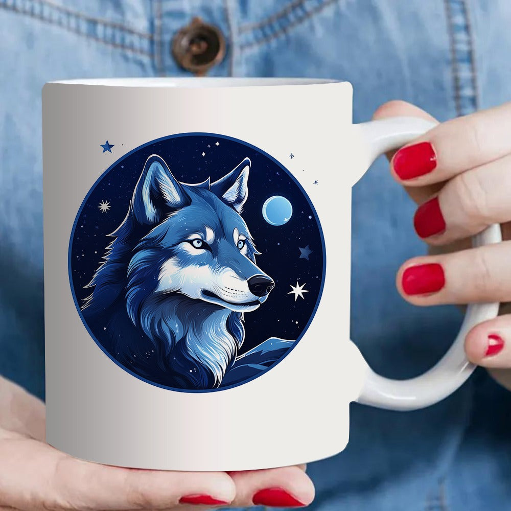 Tailorly White Ceramic 11 oz Mug - wolf design against a night sky
